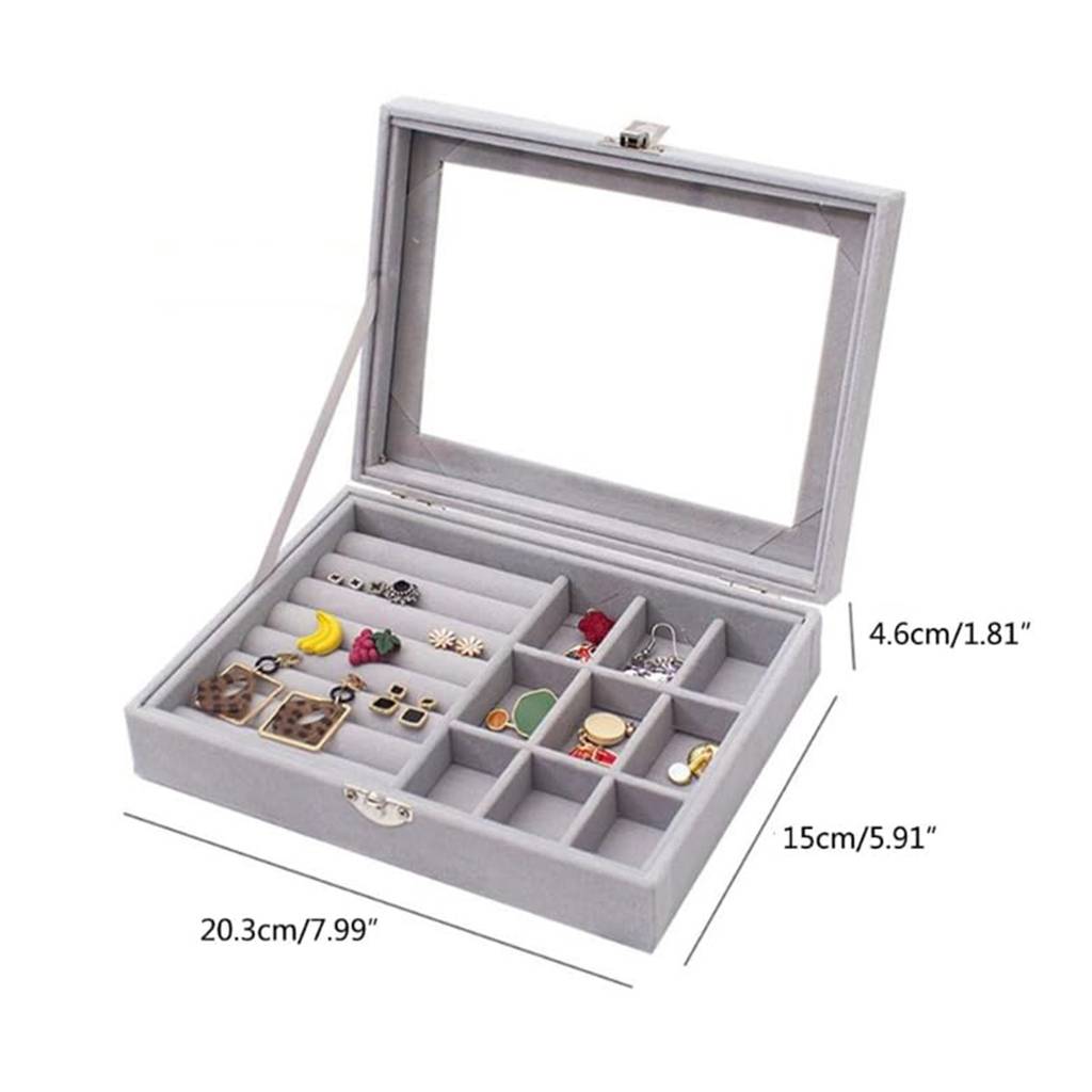 Estele Jewellery Organiser Box Grey Leather Clear Lid Jewelry Organizer With Dividers Container : JOB-005-Grey-JO-BOX