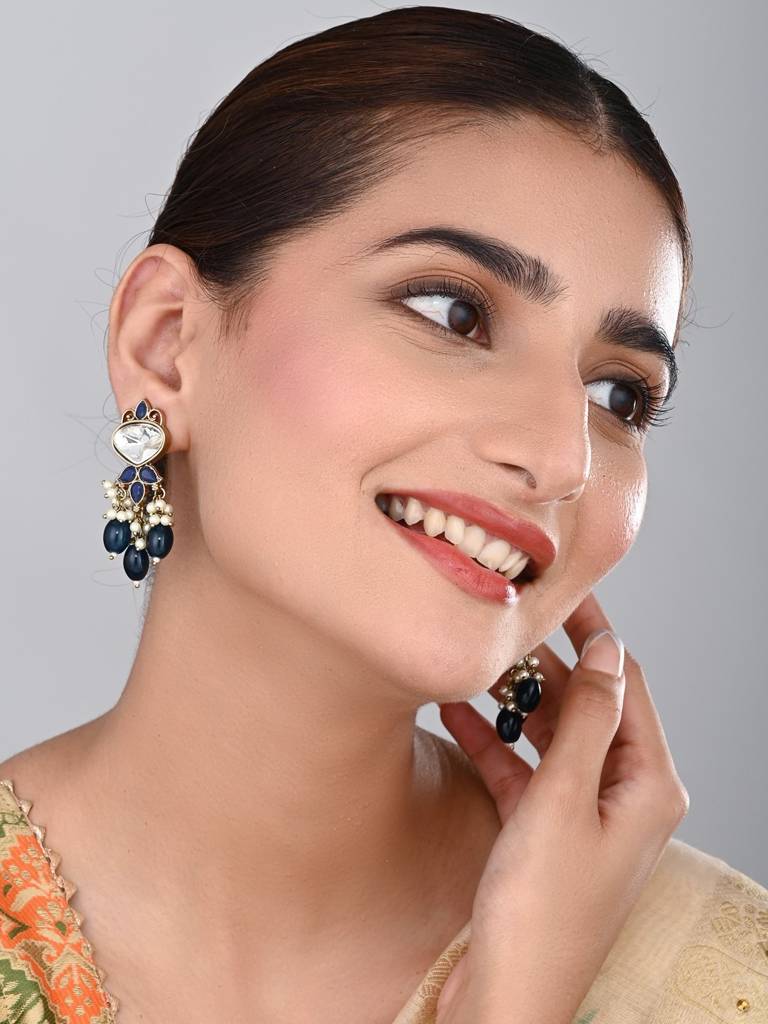 Gold Plated Kundan & Pearl Drop Earrings : S24FAER410BLU