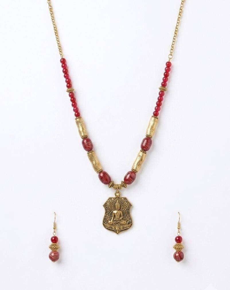 Zarina Antique Gold Buddha Pendant Necklace Set : HM43
