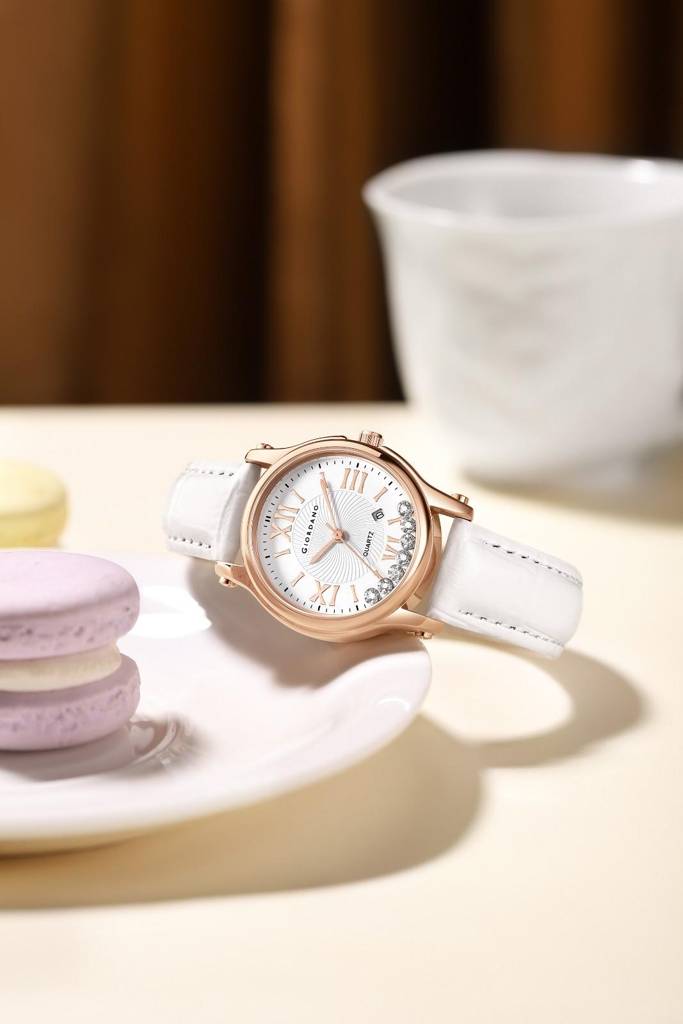 Giordano Luxury Analog Quartz Watch For Women Â Rose Gold Case, Roman Numerals, Crystal-Studded Dial, Leather  : GZ-60142-33