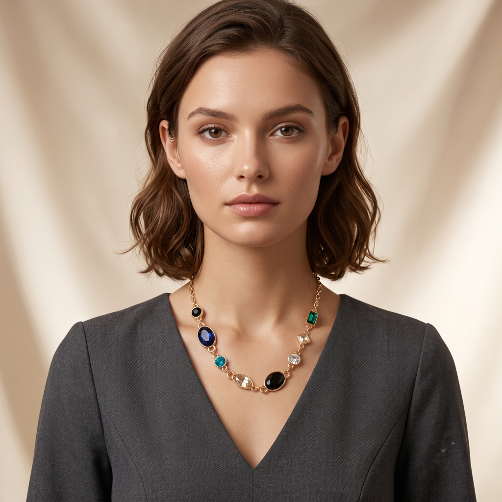 Gold Plated Brass Colorful Gem Pendant Necklace : SCDELNL0470