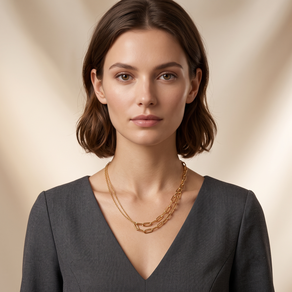 Gold Plated Brass Layered Paperclip Chain Necklace : SCDELNL0467