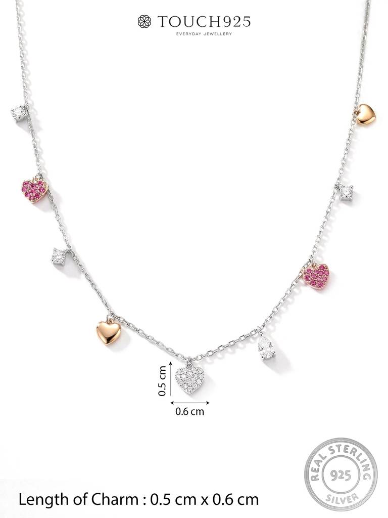 925 Silver Necklace With Pink And Clear Cubic Zirconia Heart Drops And Subtle Two-Tone Accents—A Refined Silver Nec : DZNC1959
