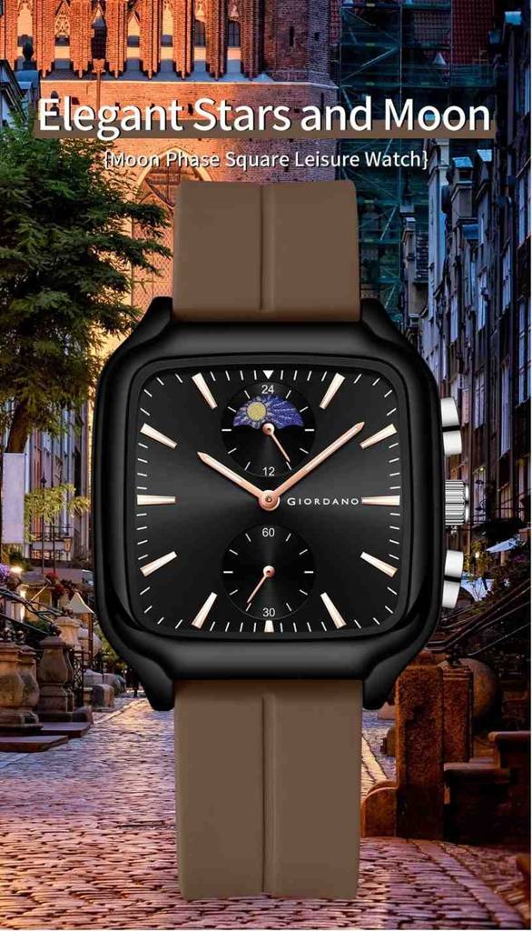 Giordano Premium Square Case Watch For Men | Moon Phase/24-Hour Indicator, Silicone Strap : GZ-50166-02