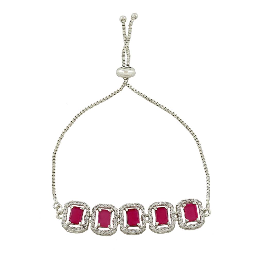 Estele Rhodium Plated CZ Ossum Octagon Bracelet With Ruby Crystals For Women