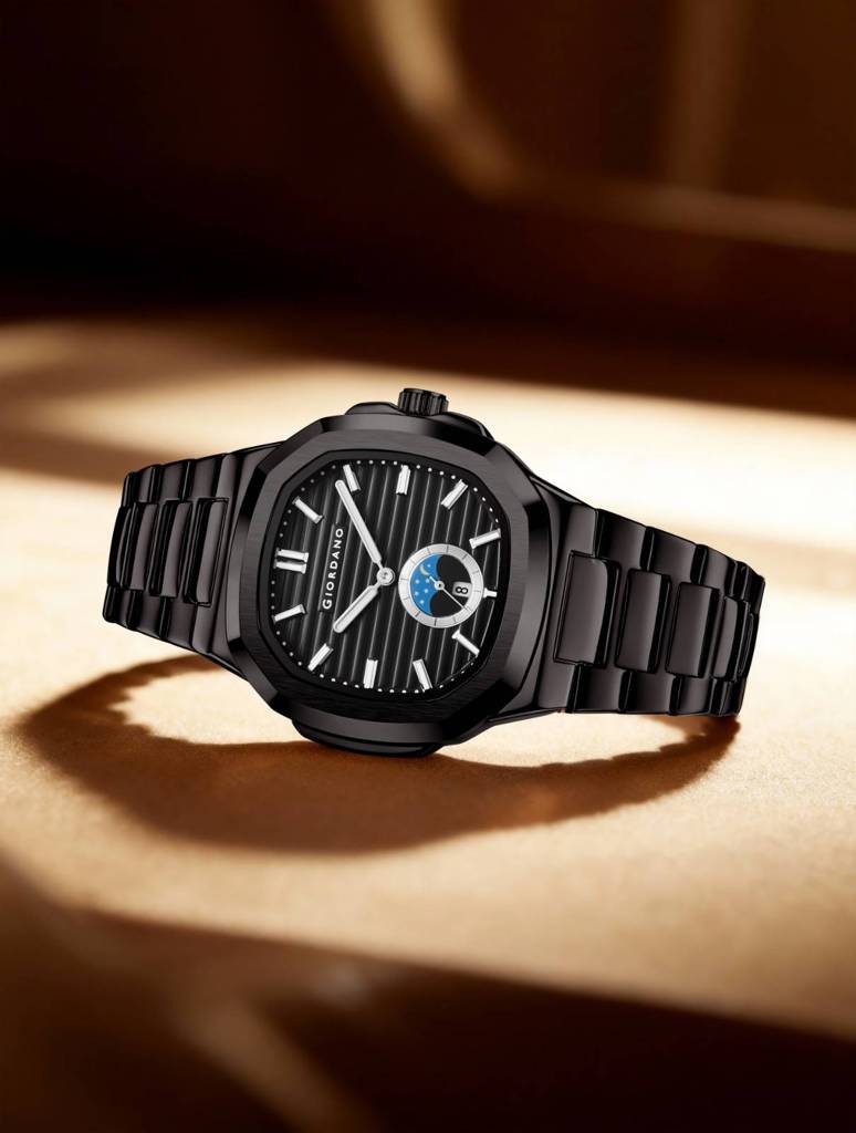Giordano Analog Watch For Men Â Classic Moon Phase Design With Textured Dial, Durable Stainless Steel Strap, A : GZ-50179-11