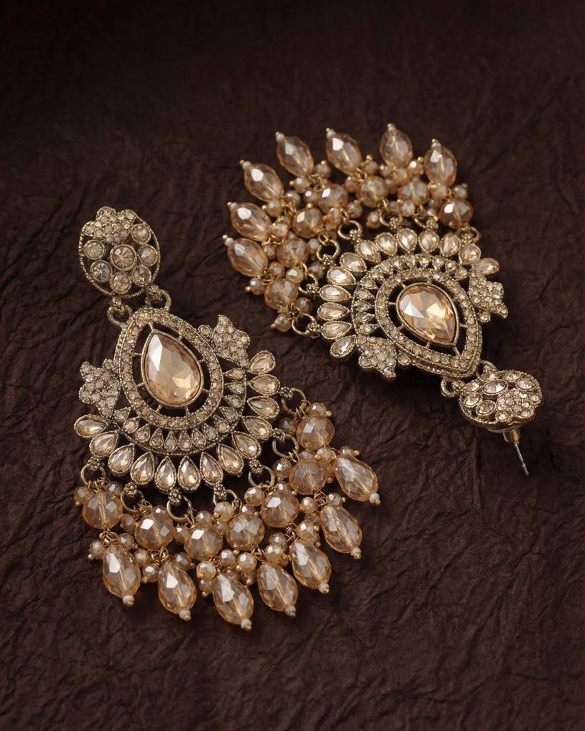 Gold Plated - Antique Gold Champagne Stone Long Earrings For Women : ORP207