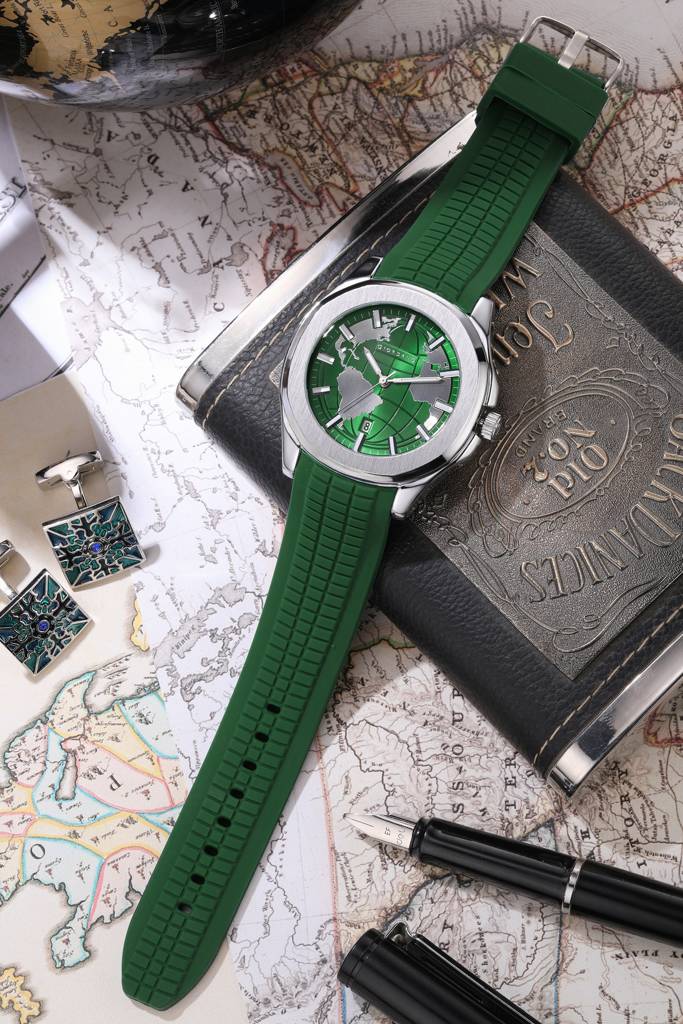 Stylish World Map Design Analog Watch For Men With Silver Case Round Dial, Textured Silicone Strap, Water Resist : GZ-50147-05
