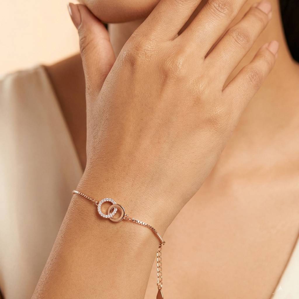 Rose Gold Plated Interlocking Circles Box Chain Bracelet : BR1143
