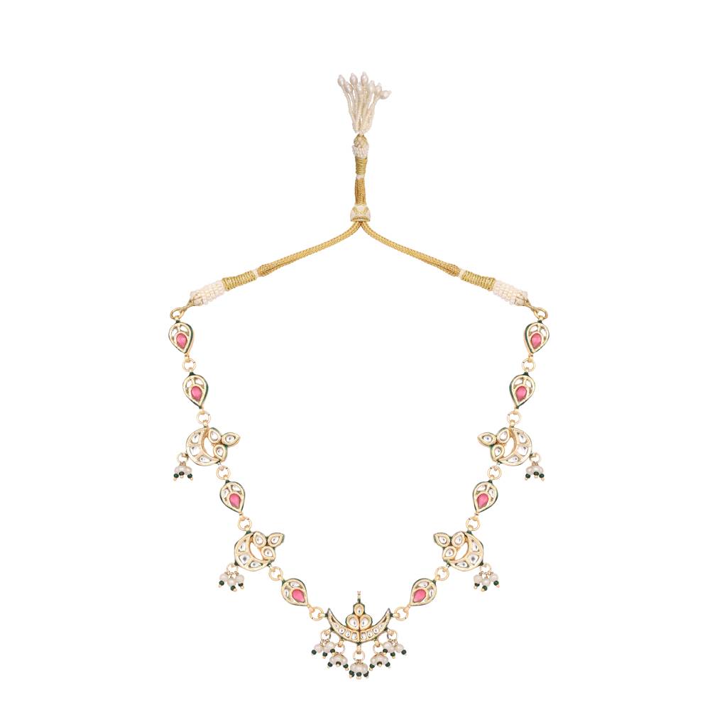 22K Gold Plated Regal Enamel Bloom Pearl Drop Necklace : YI24A0441H