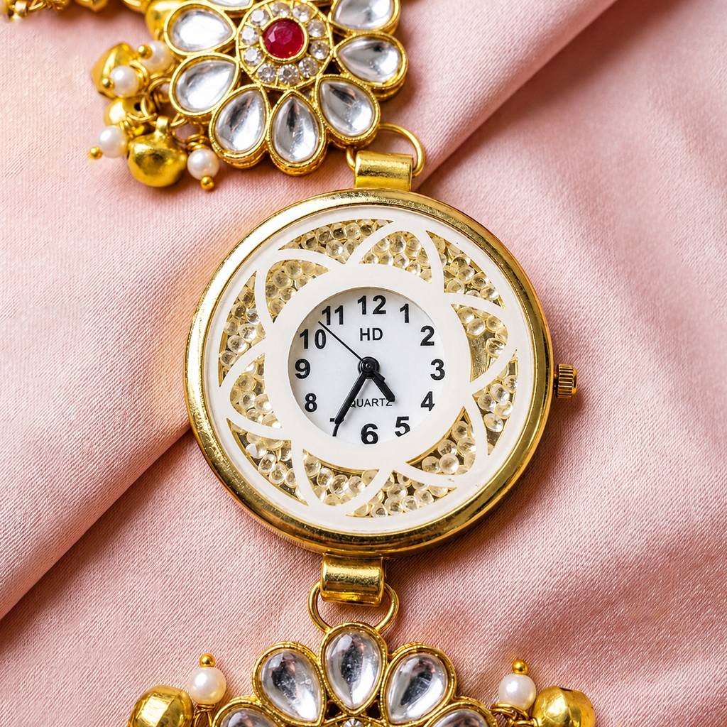 Gold Floral Bracelet Watch With White Kundan Petals & Adjustable Chain : JW-HSPS60MB2259