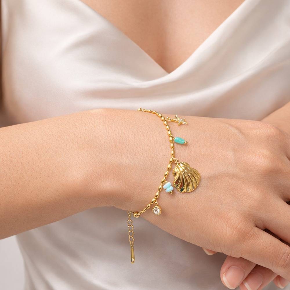 Gold Plated Ocean Charm Bracelet For Women | Shell & Starfish Charm Chain Bracelet : 100695