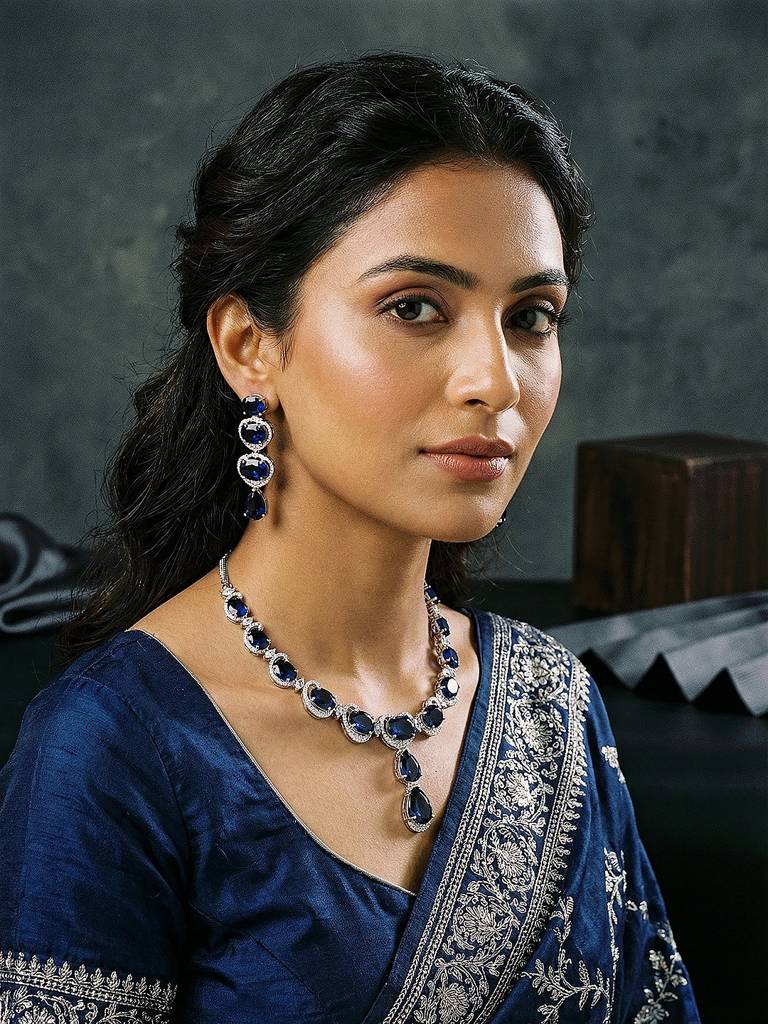 Silver Plated Sapphire Blue Ad Zircon Studded Designer Statement Cocktail Jewellery Set : SJNK2941