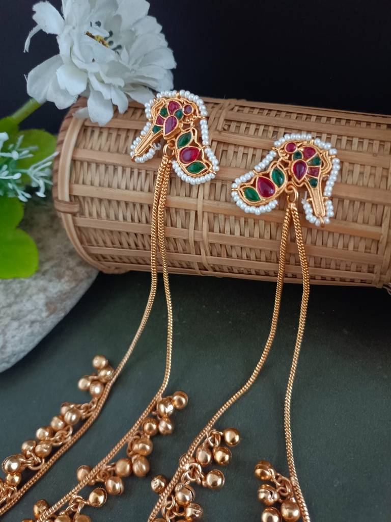 Kundan Studded & Ghungroo Beaded Tasselled Peacock Drop Meenakari Earrings : VS105310