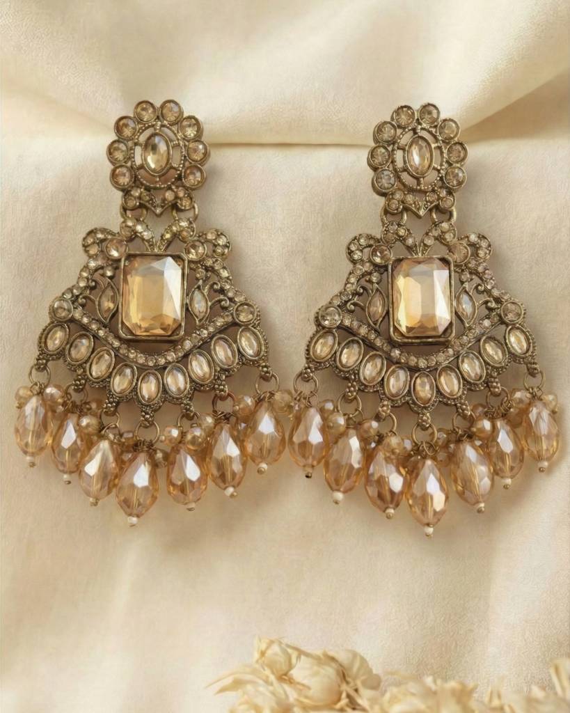 Gold - Plated Antique Gold Champagne Stone Long Earrings For Women : RJ122