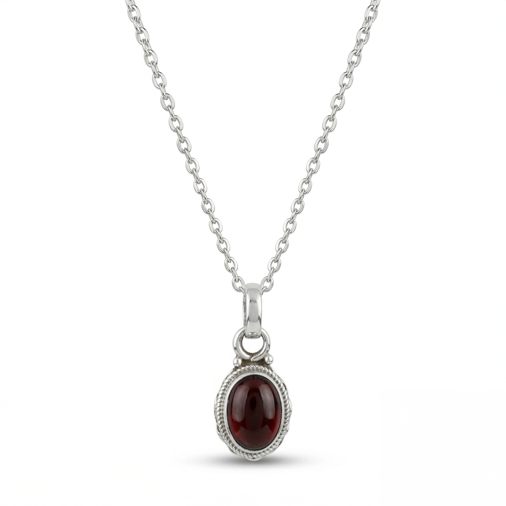 925 Sterling Silver Garnet Pendant With 18 Inch Chain | Gemstone Pendant Necklace | Handmade Daily Wear Jewelry : FU-0710