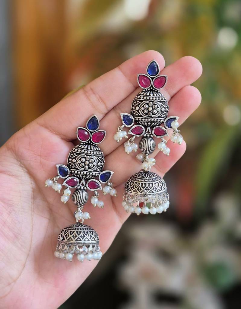 Oxidised Silver Aqua & Ruby Pearl Jhumkas : NA_ST_ER_231_5