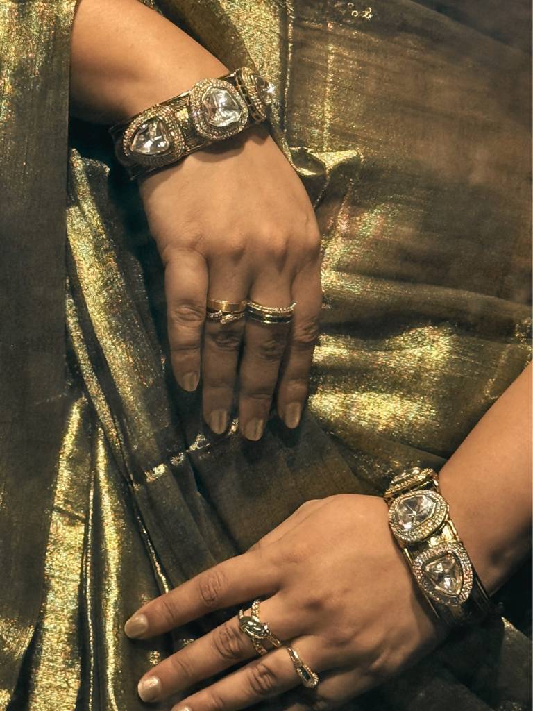 Golden Moissanite Cuff Bracelet | Openable Adjustable Gold Kada Bangle : AFB416GMC