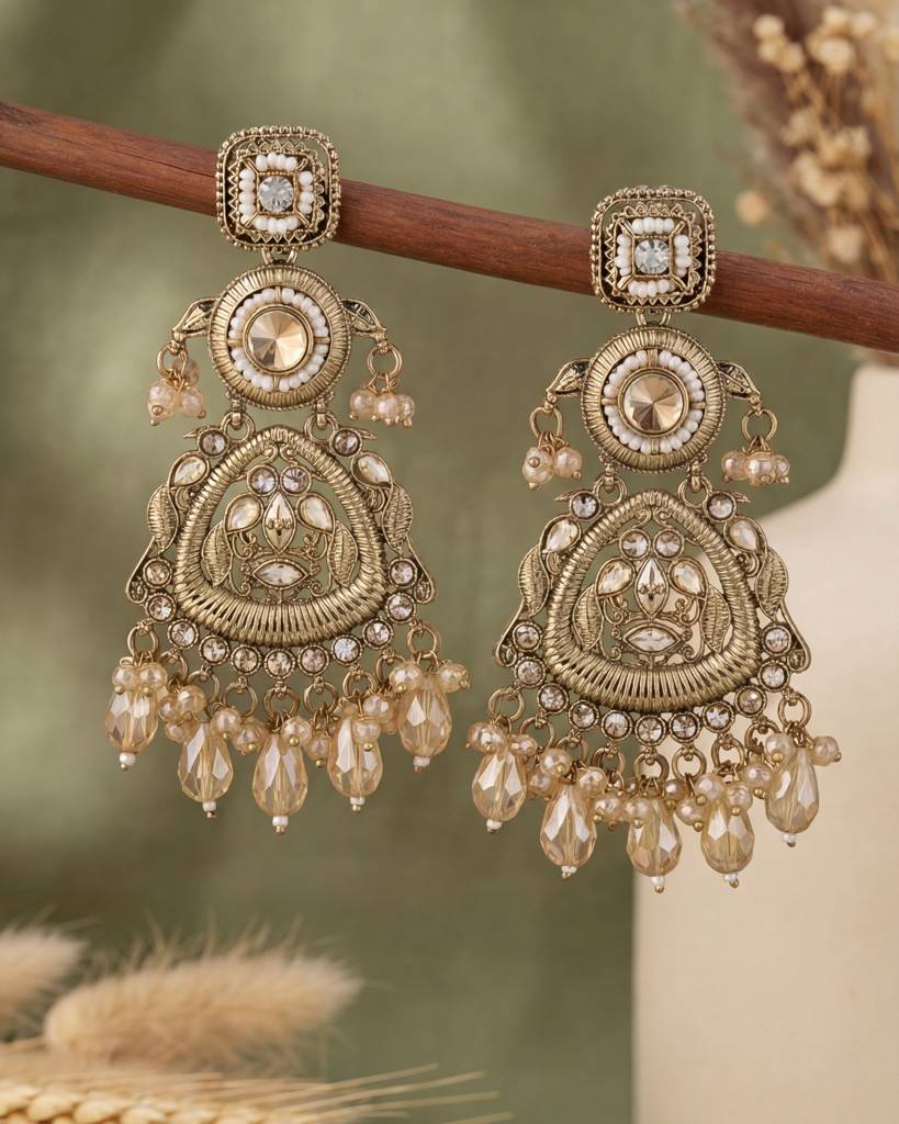Gold Plated Antique Champagne Gold Stone Long Earrings For - Women : RJ100