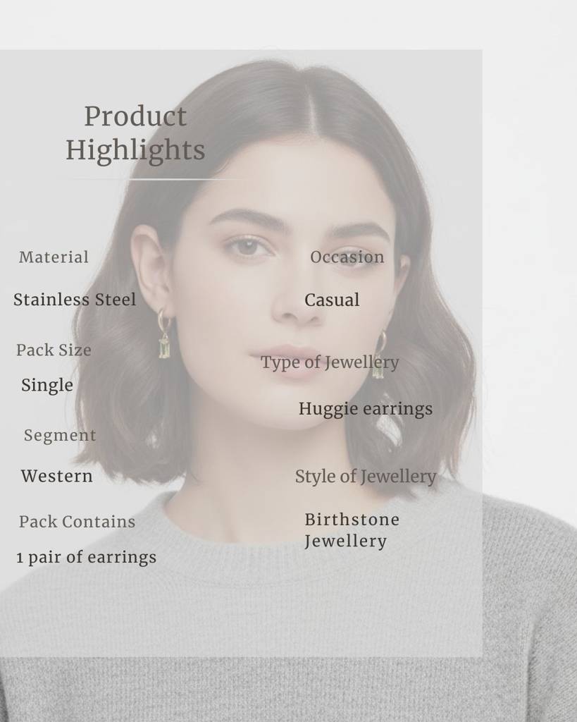 Birthstone Earrings For Women | Premium Baguette Huggies | August: Peridot : CJST201141408HS