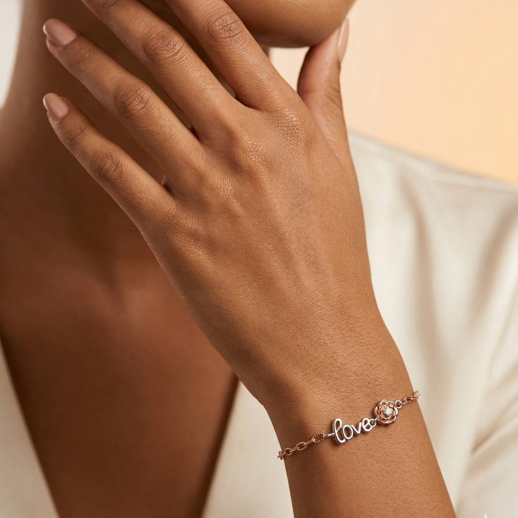 Two-Tone Rose & Love Script Bracelet : BR1150