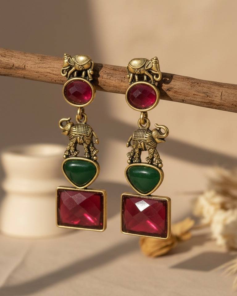 Antique Gold Elephant Design Long Drop Earrings : ORP106PinkGreen