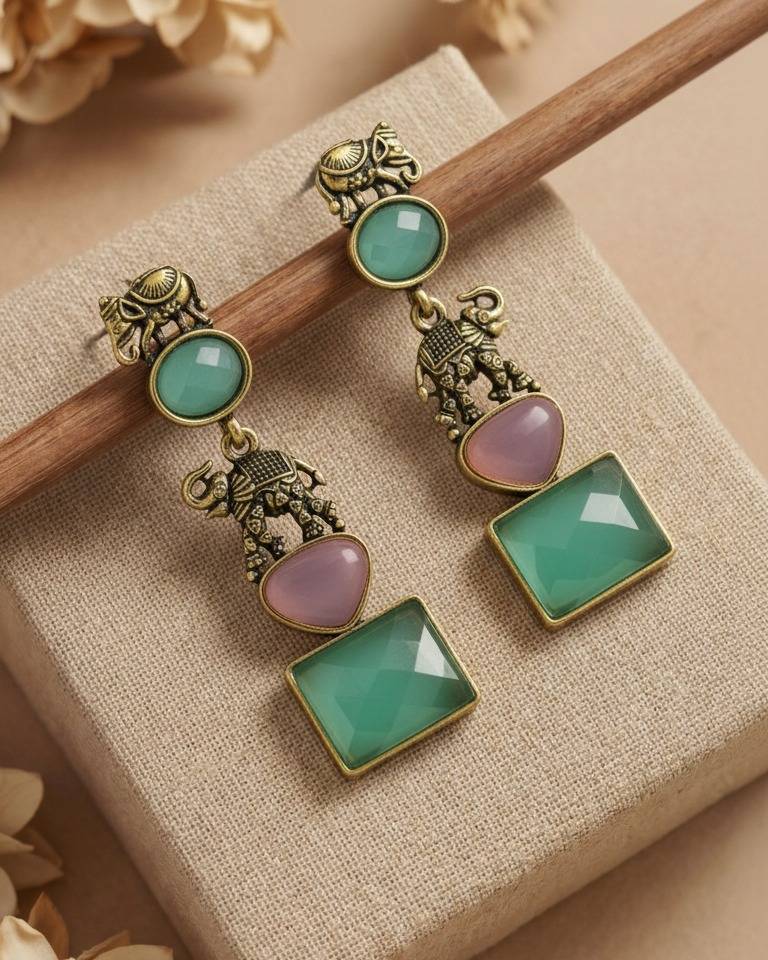 Antique Gold Elephant Design Long Drop Earrings : ORP106Light(GreenPink)