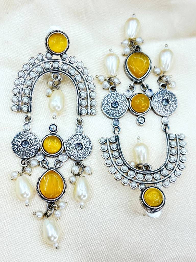 Silver-Plated Contemporary Stone Studded & Beaded Oxidised Drop Earrings : VI24EROX100027
