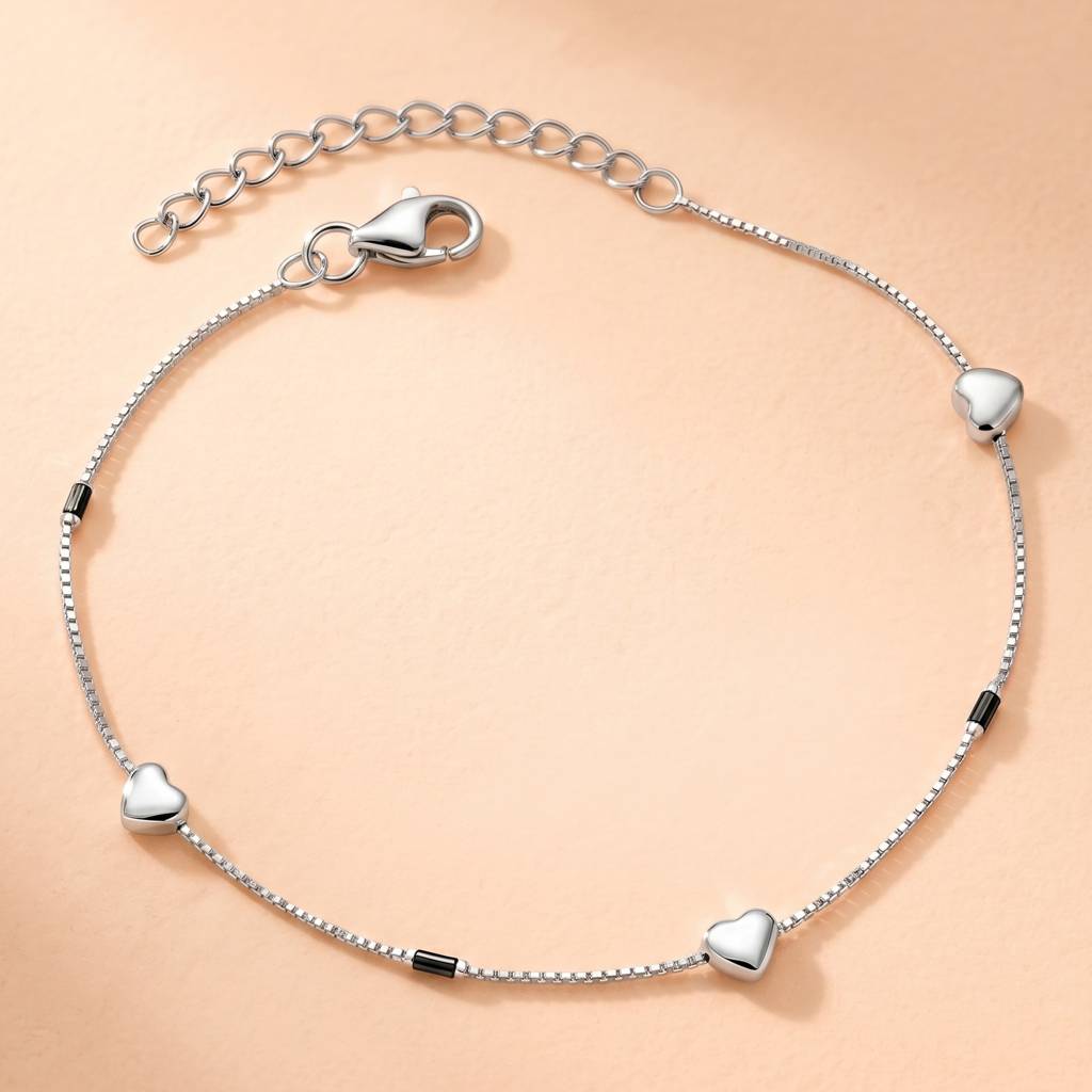 The Amour Silver Heart & Black Bar Box Chain Anklet : AK1120