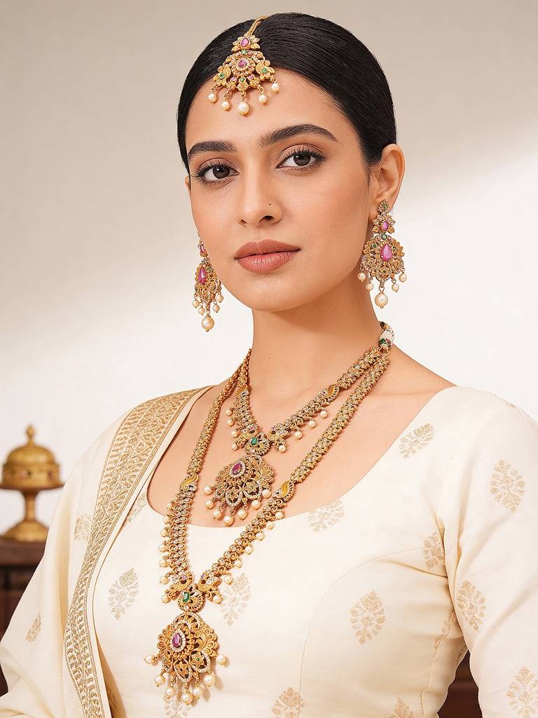 Combo Gold Plated Ad & Pearl Studded Temple Peacock  Bridal  Jewellery Set : SJNK2973