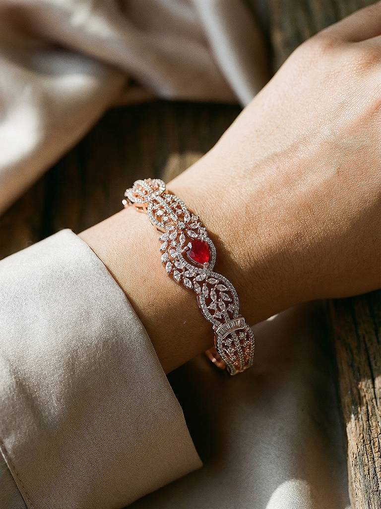 Rose Gold Plated Red Ruby Ad Zircon Designer  Quirky Kada Bracelet : SJBR2931