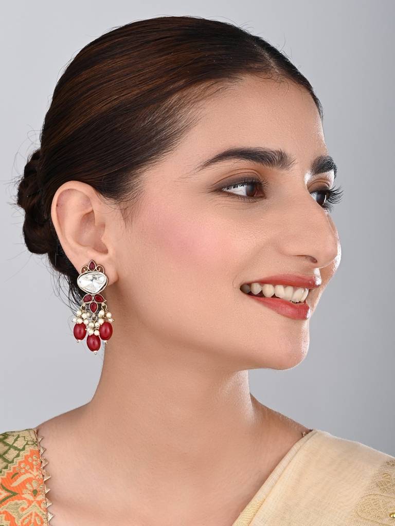 Gold Plated Kundan & Pearl Drop Earrings : S24FAER410RED