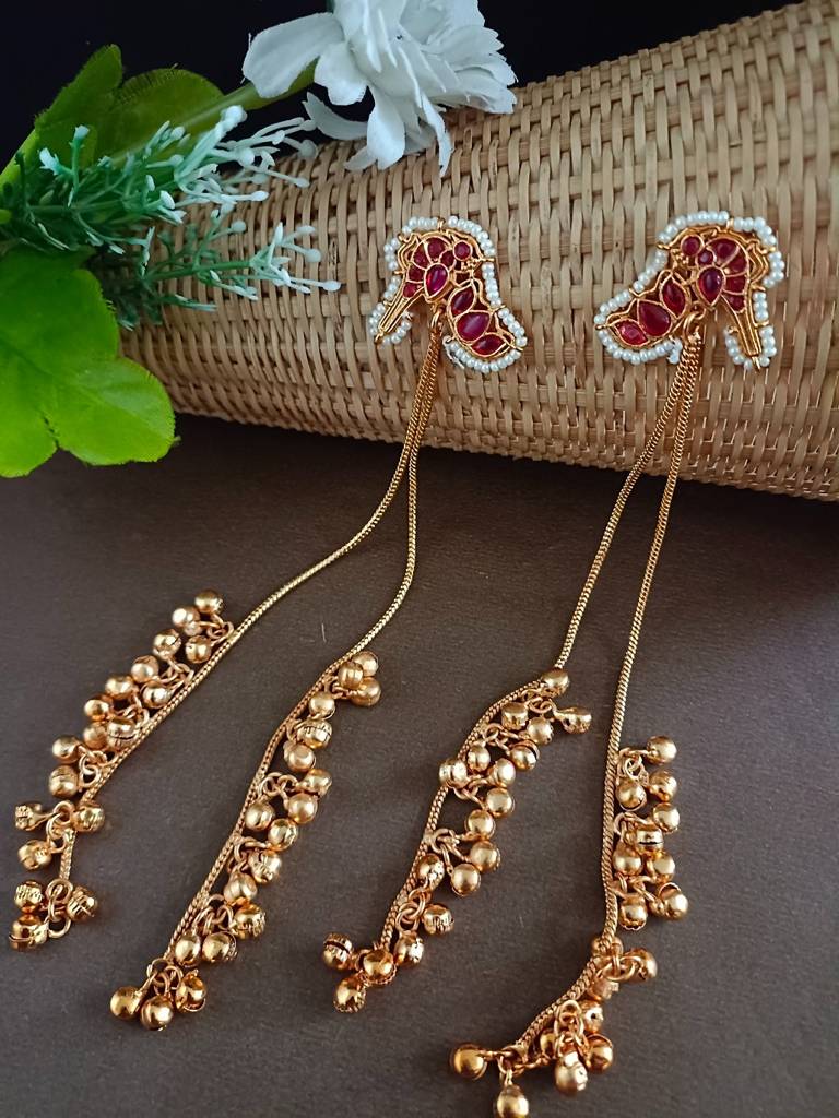 Gold-Plated Kundan Studded & Ghungroo Beaded Tasselled Peacock Kashmiri Drop Earrings : VS105309