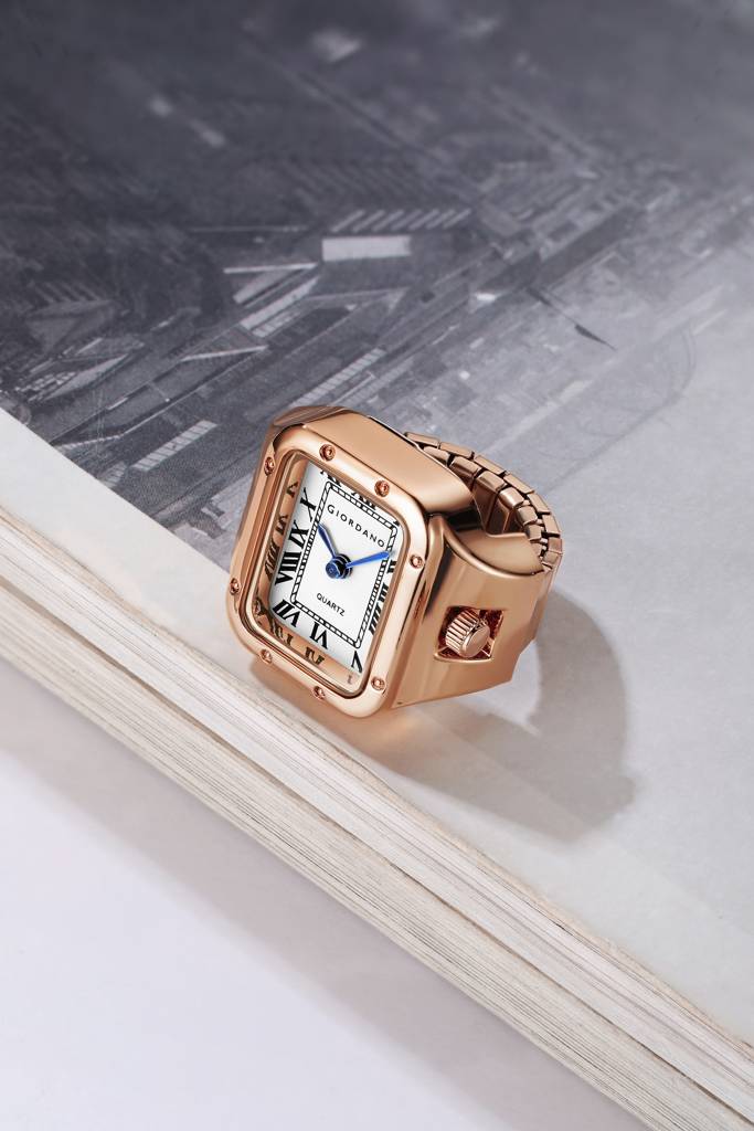 Analog Ring Watch For Women With Rectangular Dial, Roman Numeral Markers, Blue Hands, Quartz Movement And Stainl : GZ-60186-22
