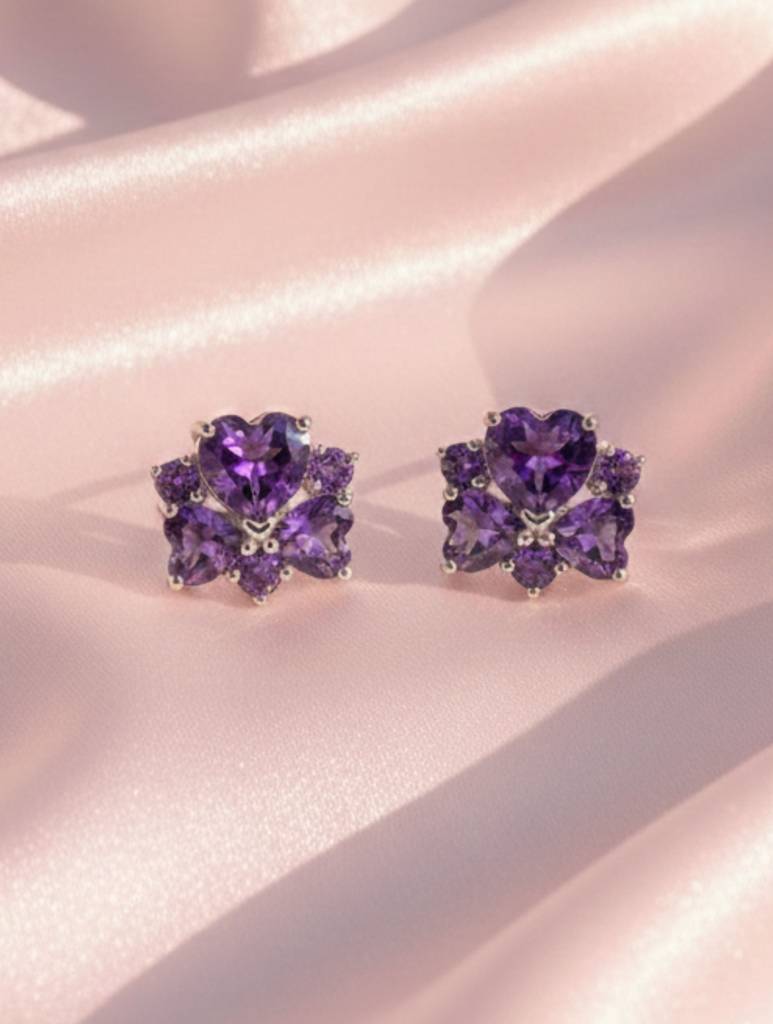 Kicky & Perky Heart-Shaped Natural Amethyst Floral Stud Earrings In 925 Sterling Silver : VSILSME040_A