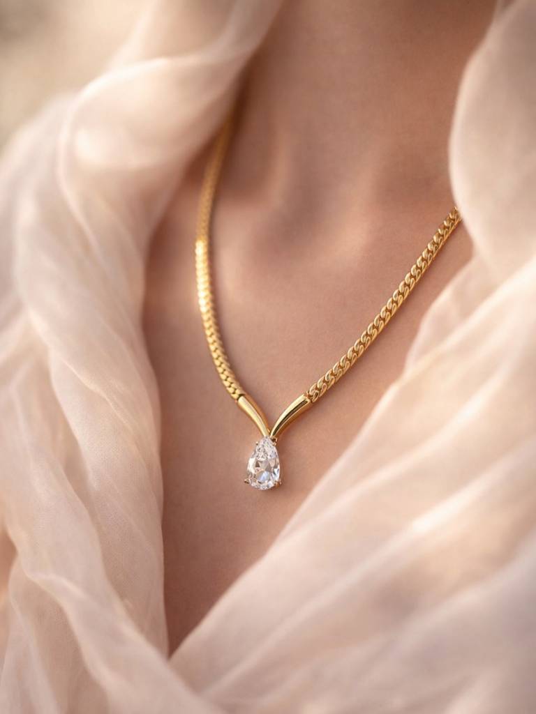 Teardrop Solitaire Cuban Chain Necklace – 24Kt Gold Plated : S925C715TSCC