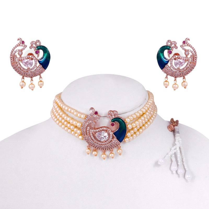 Traditional Peacock Design Cz Stone Beaded Choker Set : AD-935-RGWENKER