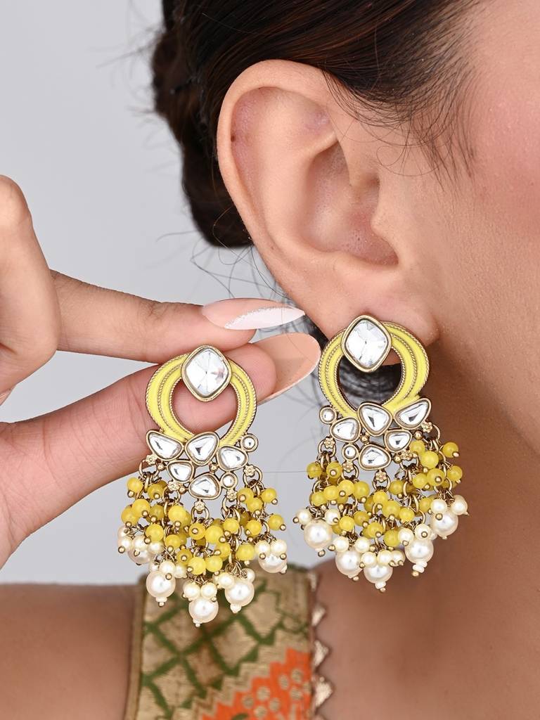 Gold-Plated Meenakari Stud Earrings With Kundan & Pearl Cluster Drops : S24FAER408YLW
