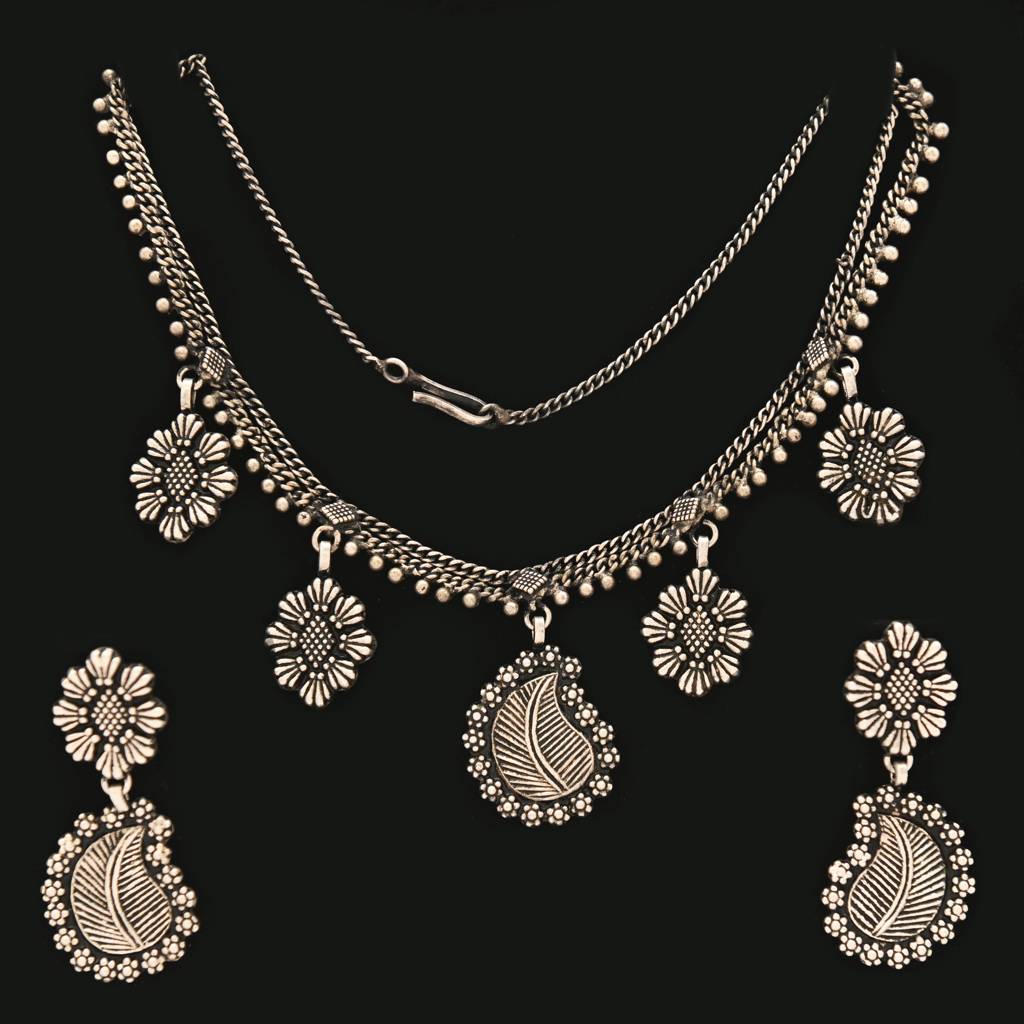 925 Pure Silver Antique Necklace | Silver Choker Necklace With Drop Earrings : NL1017A