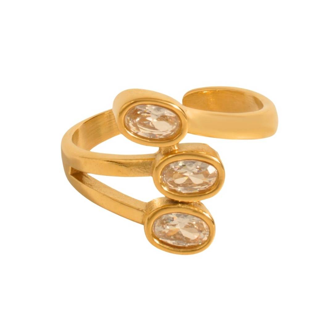 18K Gold Plated Waterproof Antitarnish Titanium Steel 3  Glass Stone Ring : AFT0924R506WH6
