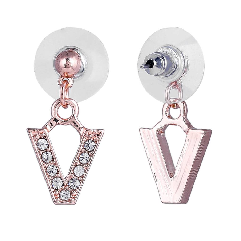 Estele Rosegold Plated Magnificent Medium 'V' Letter Earrings With Crystals For Women : 801701-RG-VER