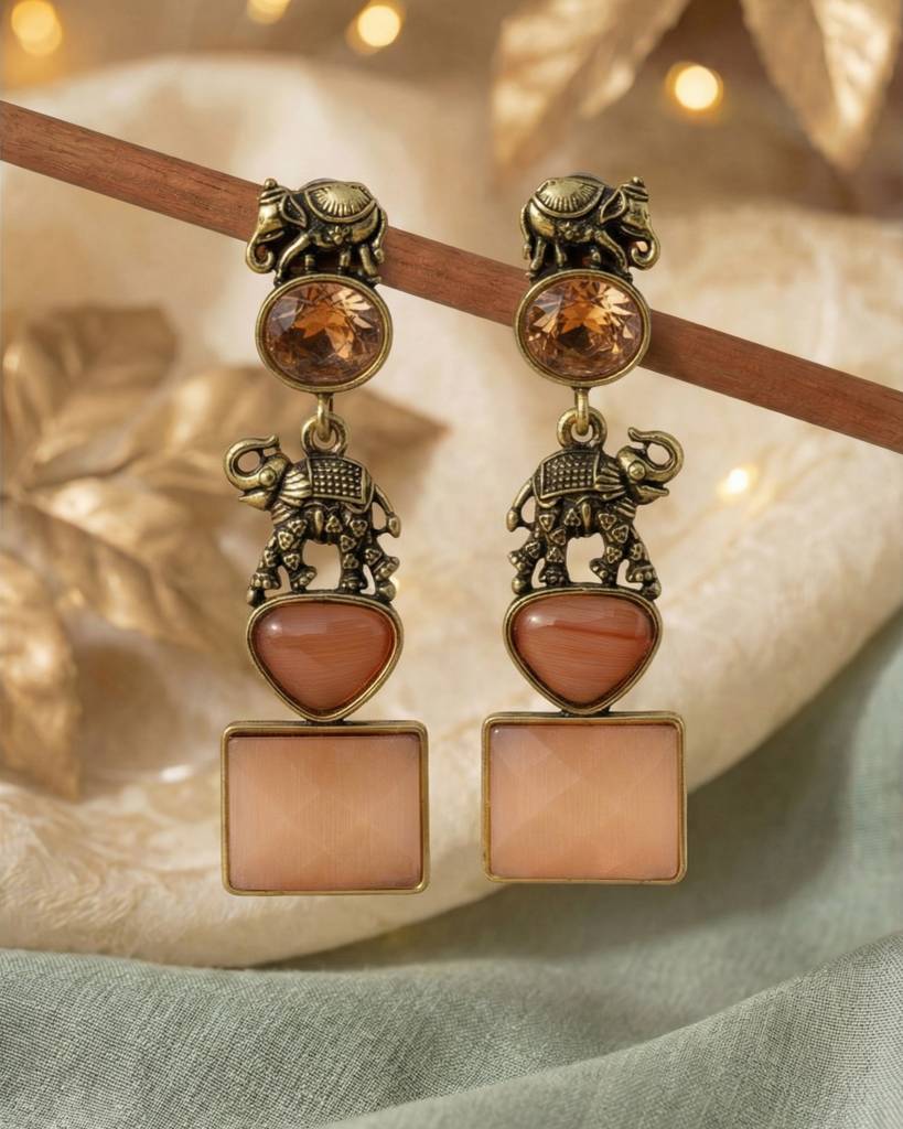 Antique Gold Elephant Design Long Drop Earrings : N106Orange