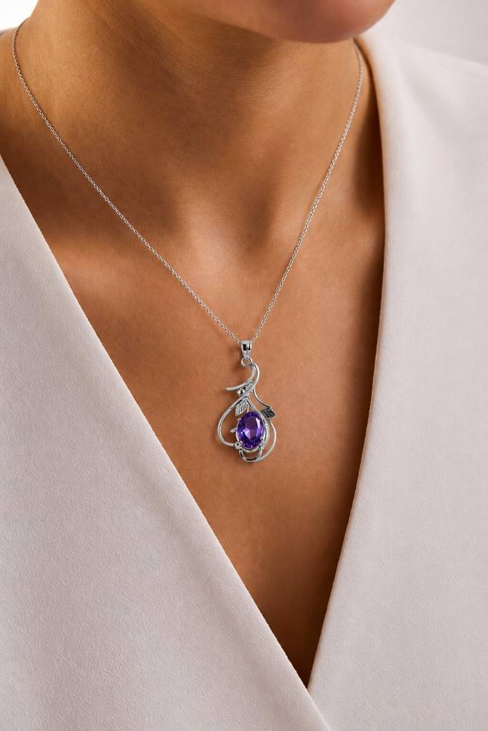 925 Sterling Silver Amethyst Pendant With Chain For Women | Gemstone Pendant | Handmade Silver Jewelry | Elegant D : FU-1260-C
