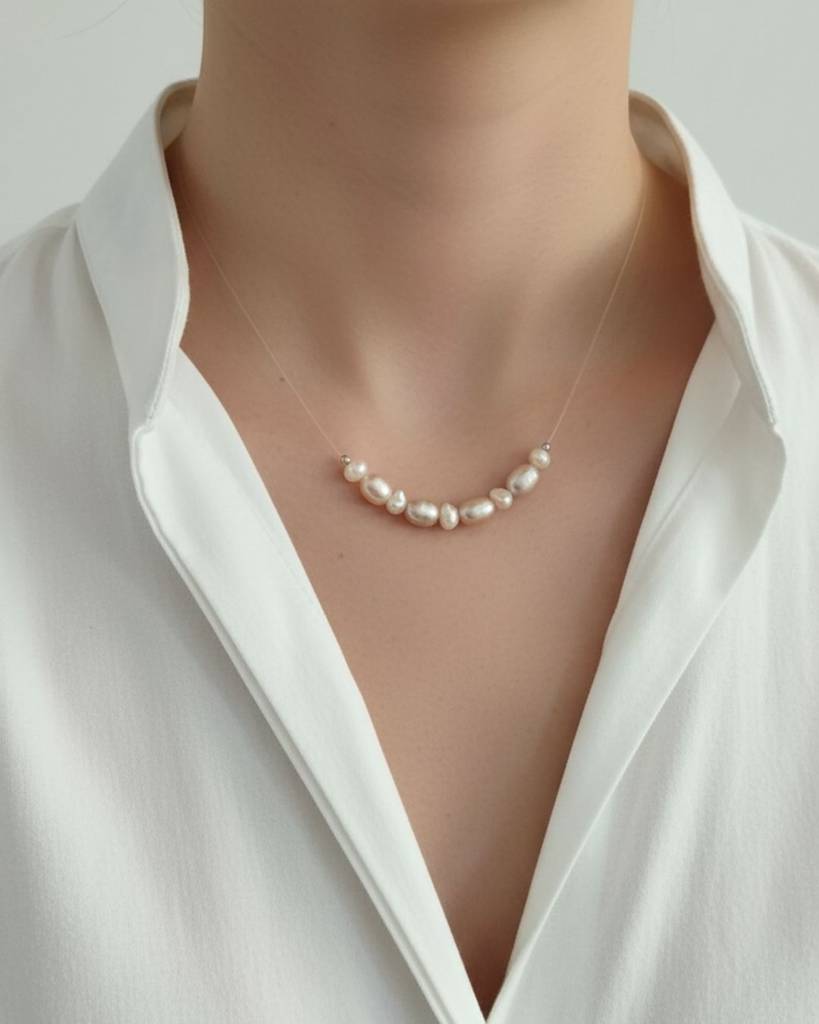 Sterling Silver Pink And White Pearl Hoops | Floating Necklace | Jewellery Set : SSPWHFLN