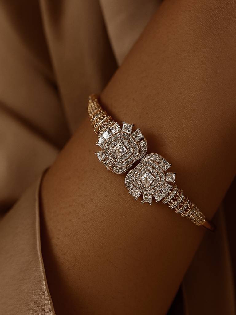 Ethnic White Stone Studded Cuff Â 18K Gold Plated, 316L Stainless Steel : S925B501EFSCW