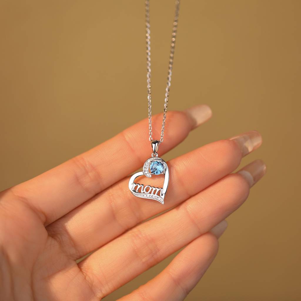 925 Sterling Silver Blue Swiss Zircon Mom Pendant With Chain, Mother'S Day Gift : BRDMN256