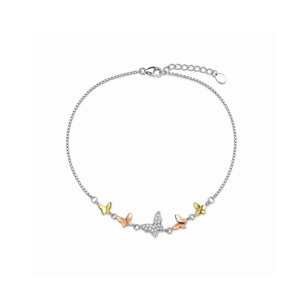 Silver Tri-Tone Butterfly Anklet : AN03760