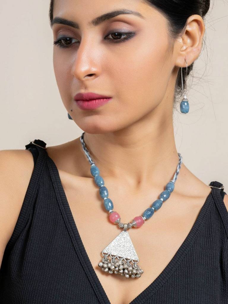 Handmade Semi Precious Pink Grey Onyx Jade With German Silver Tribal Pendant Necklace Set With Matching Earrings And : LAANP90