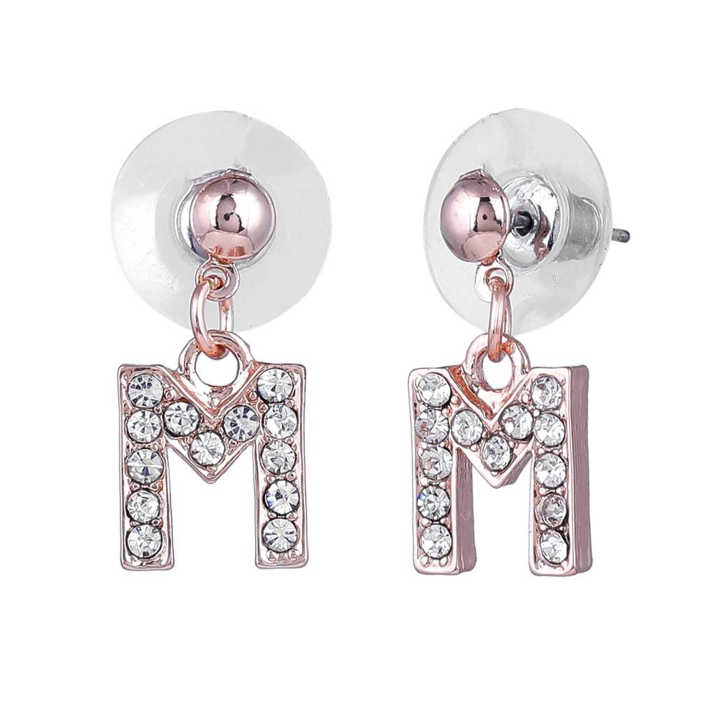 Estele Rosegold Plated Magnificent Medium 'M' Letter Earrings With Crystals For Women : 801701-RG-MER