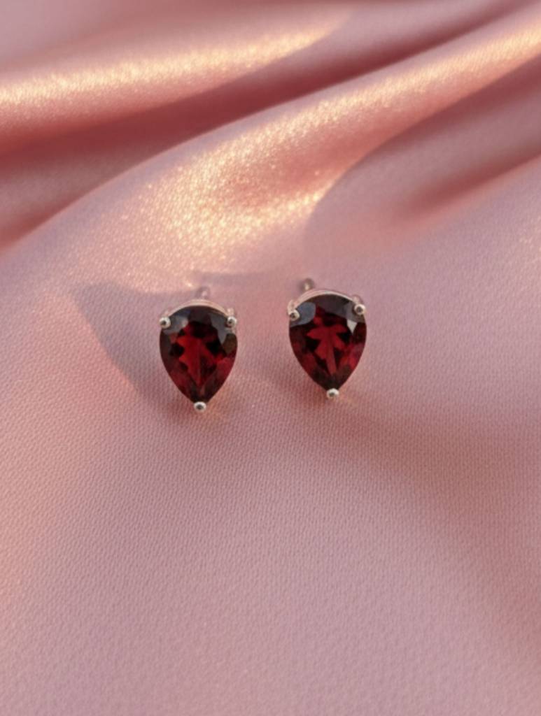 Kicky & Perky Natural Red Garnet Stud Earrings In 925 Sterling Silver | Pear-Cut Solitaire Drops : VSILSME016
